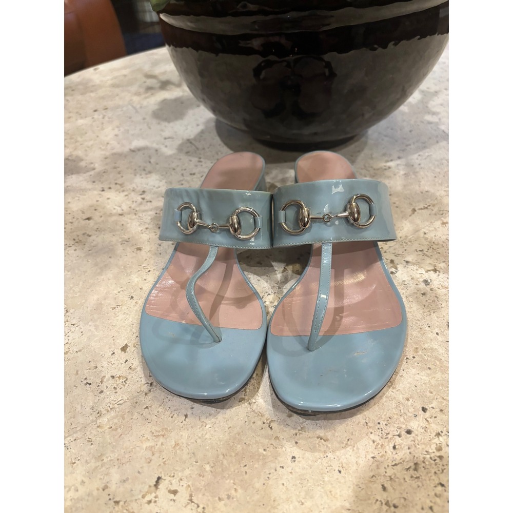 Gucci Light Blue Patent Leather Horsebit Thong Block Heel Sandals Size 37
